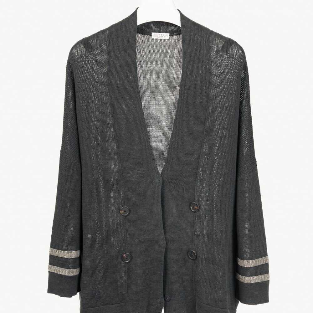 Brunello Cucinelli SS/16 Grey Monili-Cuff Cotton-Knit Cardigan